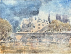 Aquarelle impressionniste française de Notre-Dame et de l'Île de la Cité
