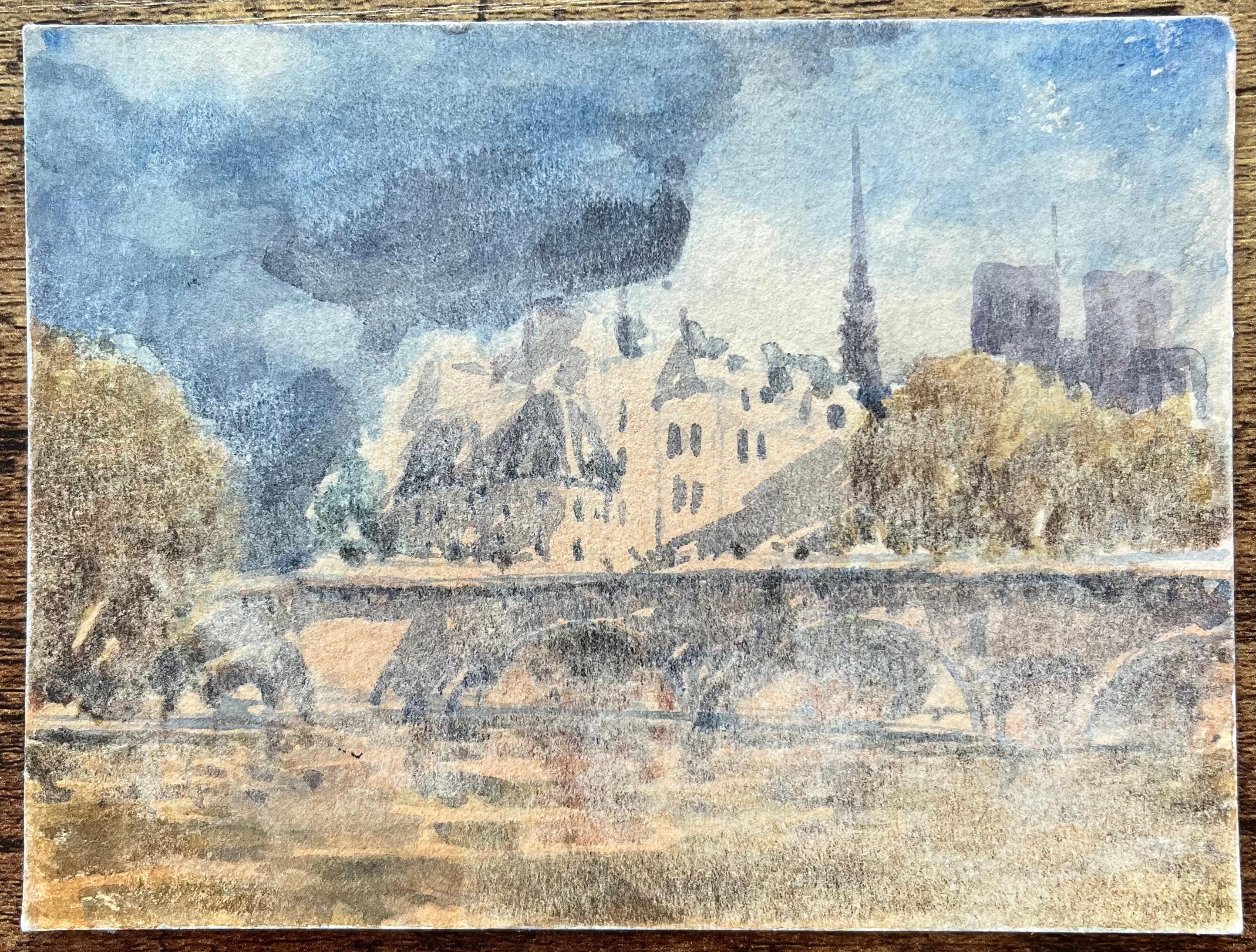 Title: French Impressionist Watercolor of Notre-Dame and Île de la Cité
By Maurice Mazeilie (French 1924-2021)
Medium: Watercolor on paper, unframed
Size: 4.75 x 6.25 inches (Height x Width)
Stamped: Verso
Condition: Good, with signs of