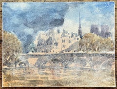 French Impressionist Watercolor of Notre-Dame and Île de la Cité