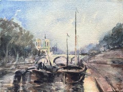 French Impressionist Watercolor of Notre-Dame and the Seine with Boats