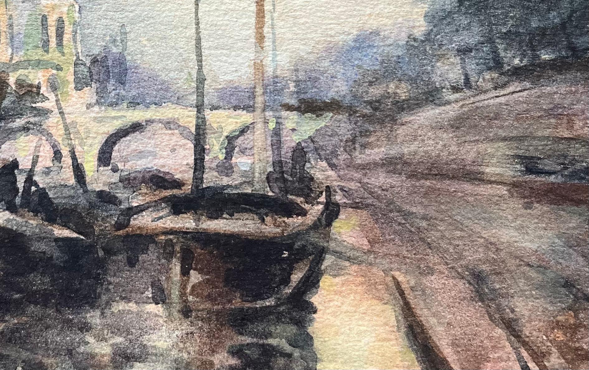 Aquarelle impressionniste française représentant Notre-Dame et la Seine avec des bateaux en vente 2