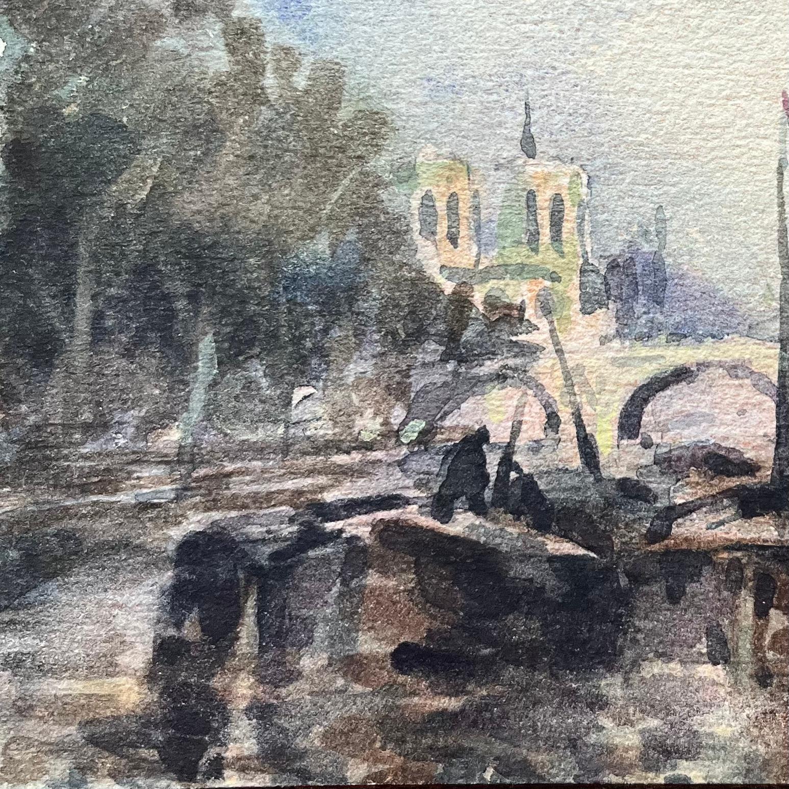 Aquarelle impressionniste française représentant Notre-Dame et la Seine avec des bateaux en vente 1