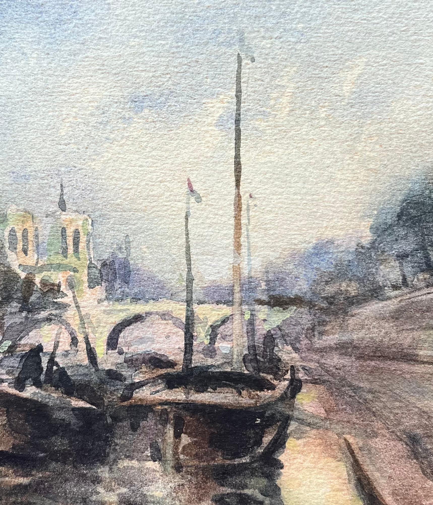 Titre : Aquarelle impressionniste française de Notre-Dame et de la Seine avec des bateaux
Par Maurice Mazeilie (français 1924-2021)
Moyen d'expression : Aquarelle sur papier, non encadrée
Taille : 5.5 x 7.5 pouces (hauteur x largeur)
Estampillé :