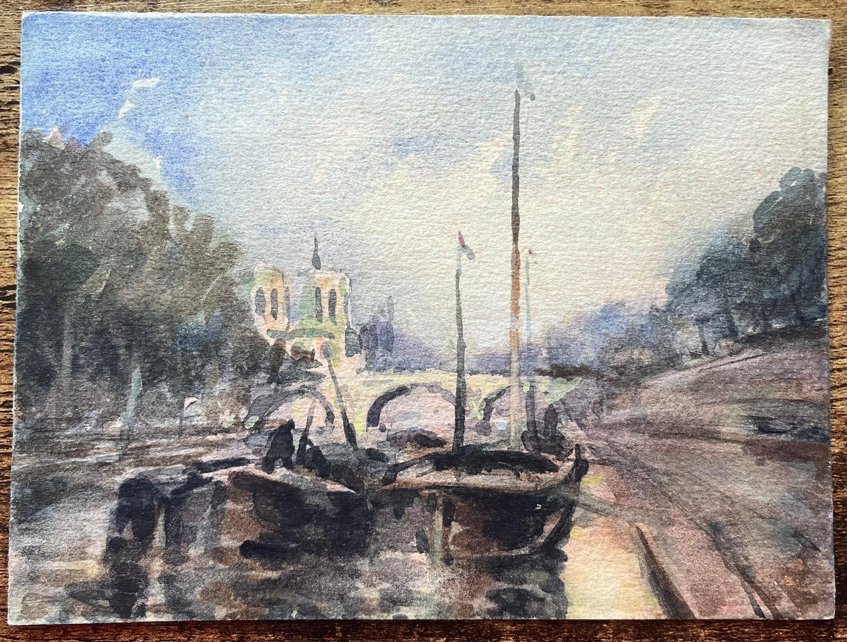 Aquarelle impressionniste française représentant Notre-Dame et la Seine avec des bateaux - Impressionnisme Art par Maurice Mazeilie