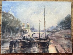 Aquarelle impressionniste française représentant Notre-Dame et la Seine avec des bateaux