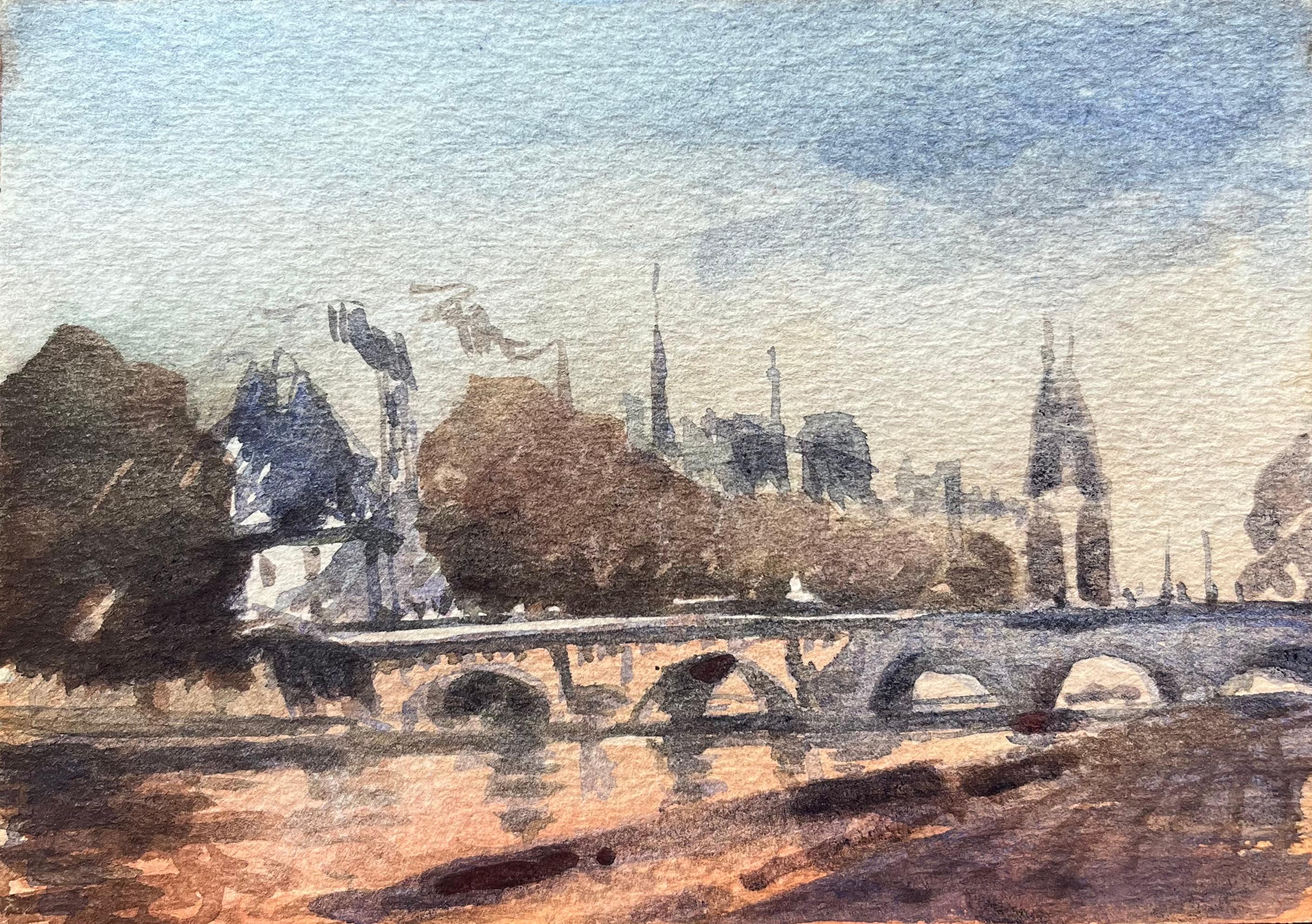 French Impressionist Watercolor of View of the Seine and Notre-Dame at Sunset