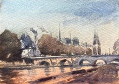 French Impressionist Watercolor of View of the Seine and Notre-Dame at Sunset