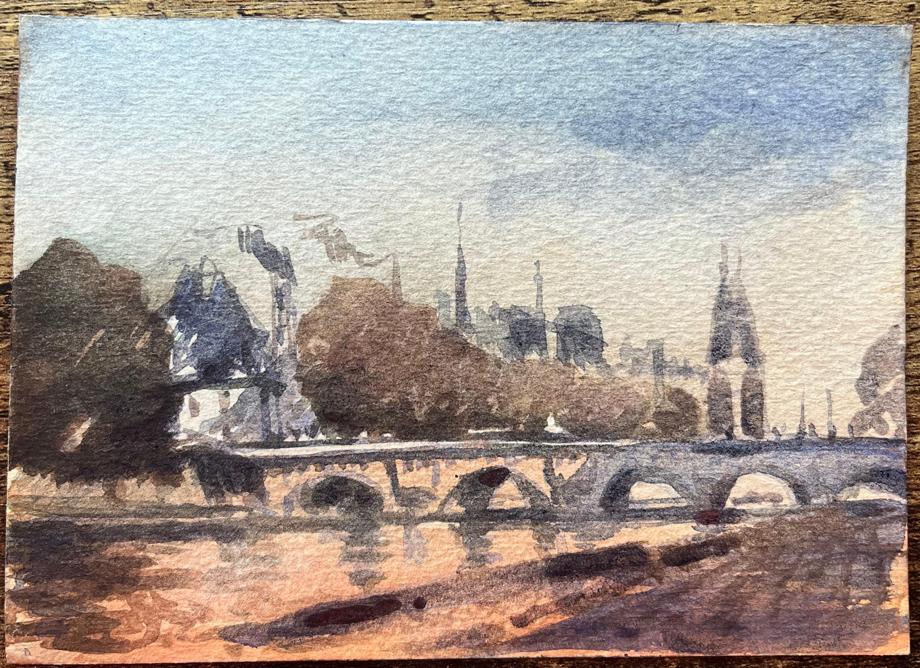 Title: French Impressionist Watercolor of View of the Seine and Notre-Dame at Sunset
By Maurice Mazeilie (French 1924-2021)
Medium: Watercolor on paper, unframed
Size: 5 x 7 inches (Height x Width)
Stamped: Verso
Condition: Good, with signs of