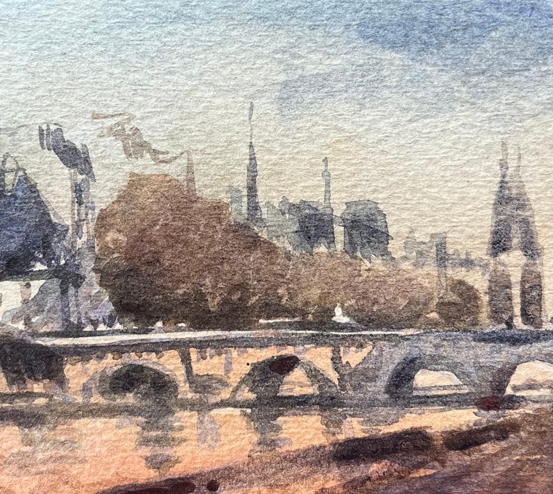 French Impressionist Watercolor of View of the Seine and Notre-Dame at Sunset For Sale 1