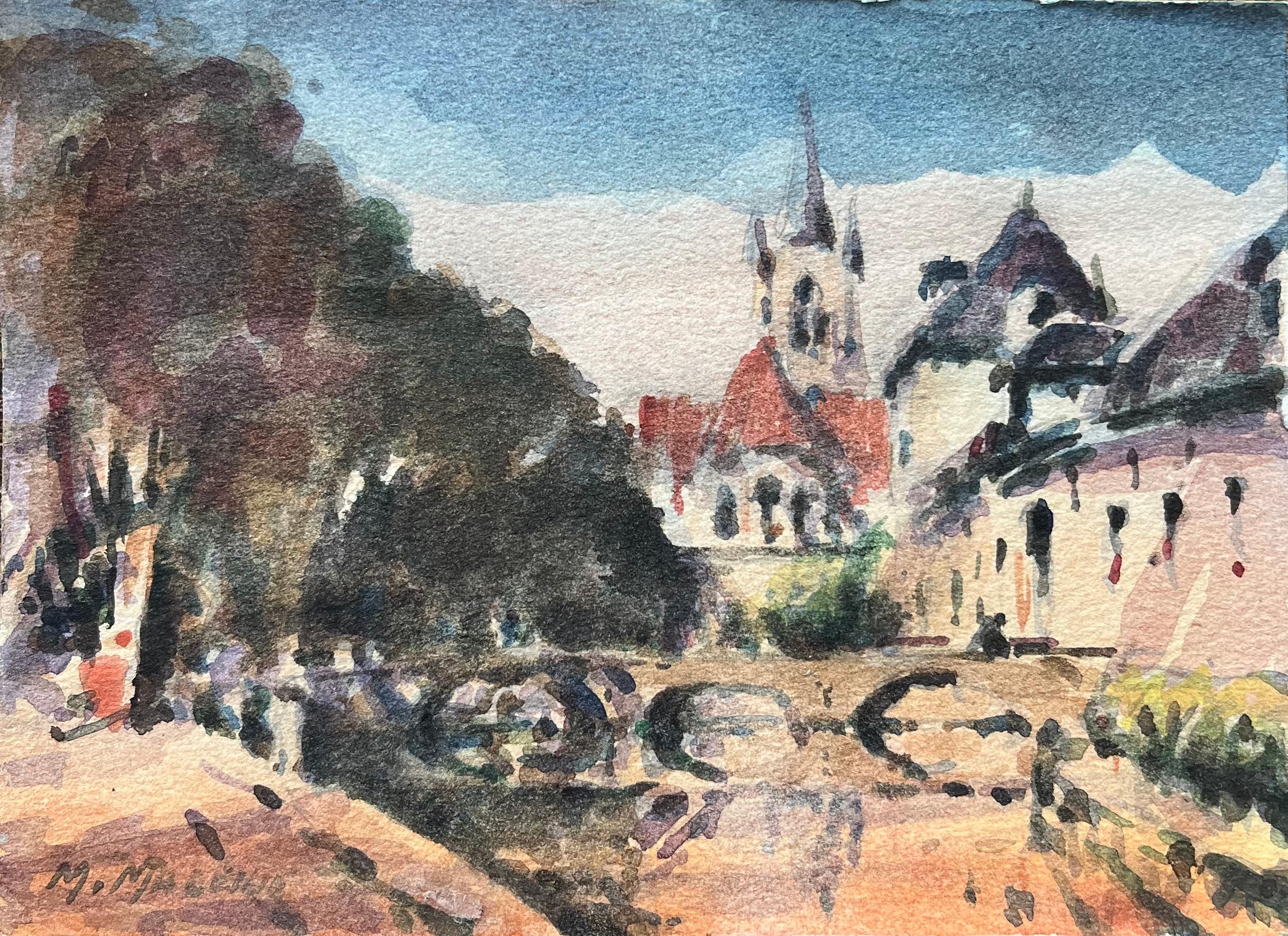 Acuarela impresionista francesa de la iglesia de Saint-Étienne-du-Mont en París - Art de Maurice Mazeilie