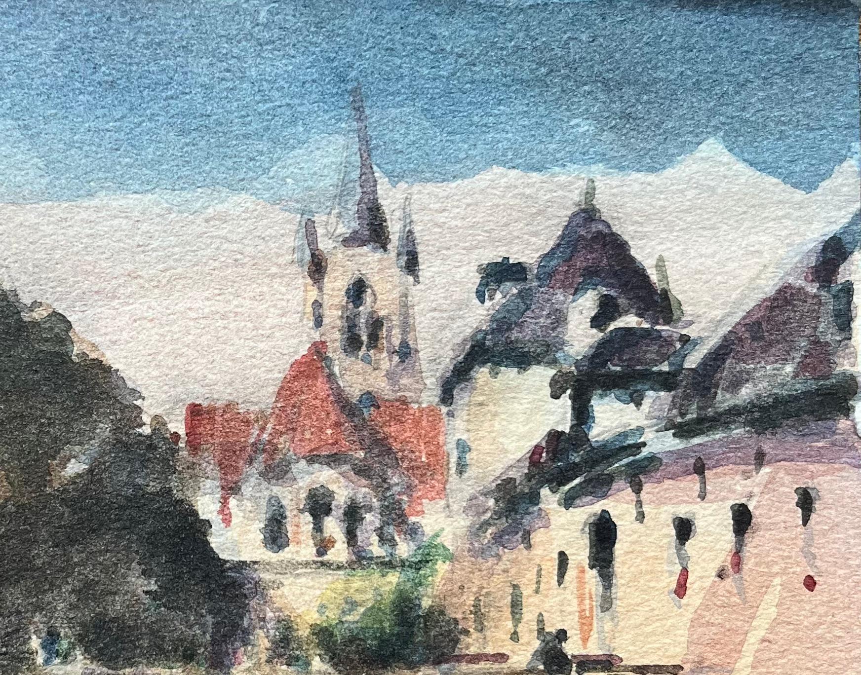 Acuarela impresionista francesa de la iglesia de Saint-Étienne-du-Mont en París - Art Impresionista de Maurice Mazeilie