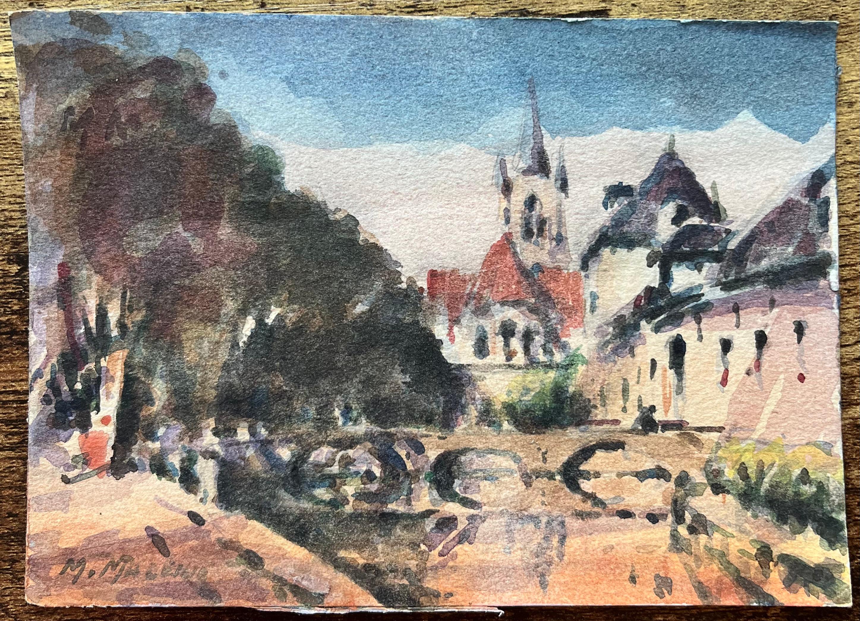Título: Acuarela impresionista francesa de la iglesia de Saint-Étienne-du-Mont  en París
Por Maurice Mazeilie (francés 1924-2021)
Técnica: Acuarela sobre papel, sin enmarcar
Tamaño: 5 x 6,75 pulgadas (Alto x Ancho)
Firmado: Sí
Estado: Bueno, con