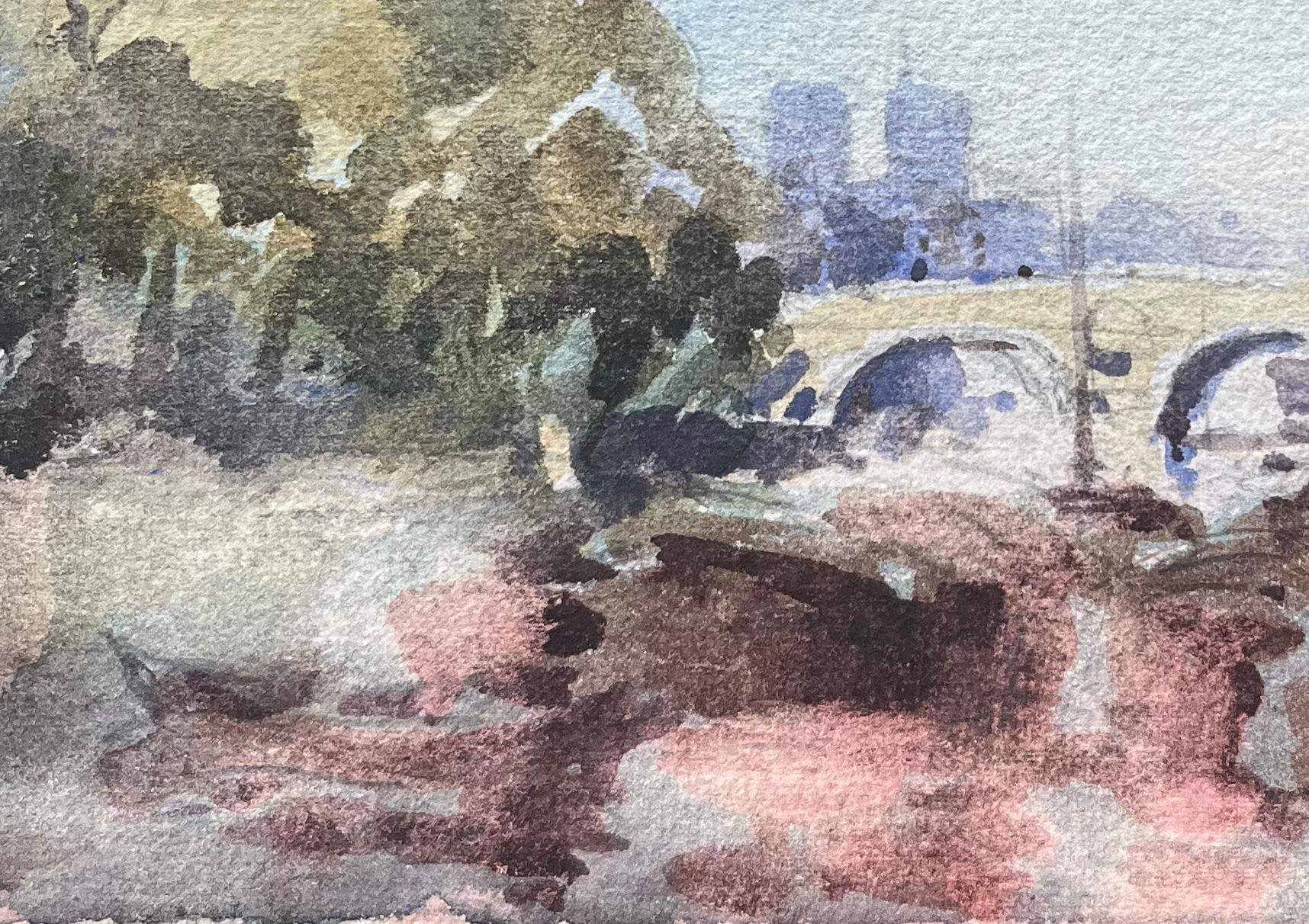 Französischer Impressionist Aquarell von Notre-Dame und der Pont de l'Archevêché (Grau), Landscape Art, von Maurice Mazeilie