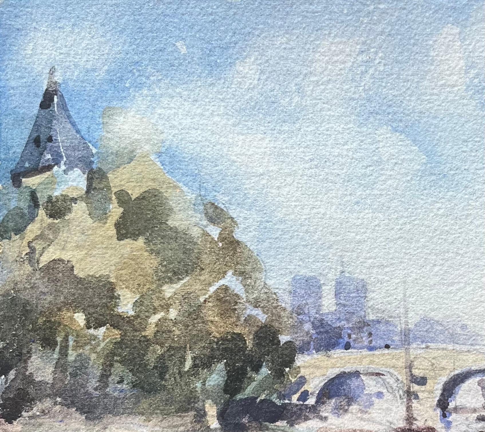 Titel: Französischer Impressionist Aquarell von Notre-Dame und der Pont de l'Archevêché
Von Maurice Mazeilie (Französisch 1924-2021)
Medium: Aquarell auf Papier, ungerahmt
Größe: 5,5 x 7,5 Zoll (Höhe x Breite)
Gestempelt: Verso
Zustand: Gut, mit