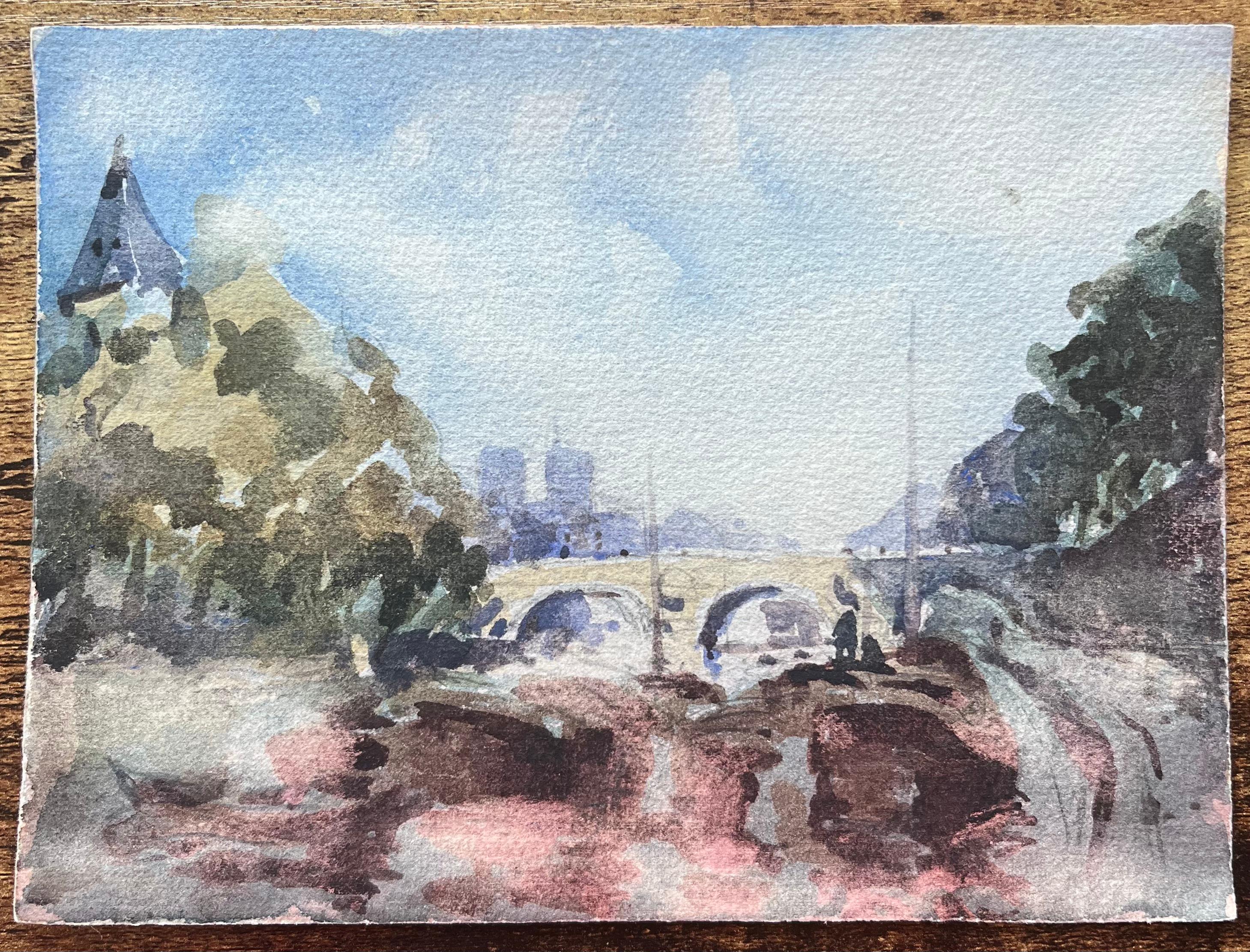 Französischer Impressionist Aquarell von Notre-Dame und der Pont de l'Archevêché – Art von Maurice Mazeilie