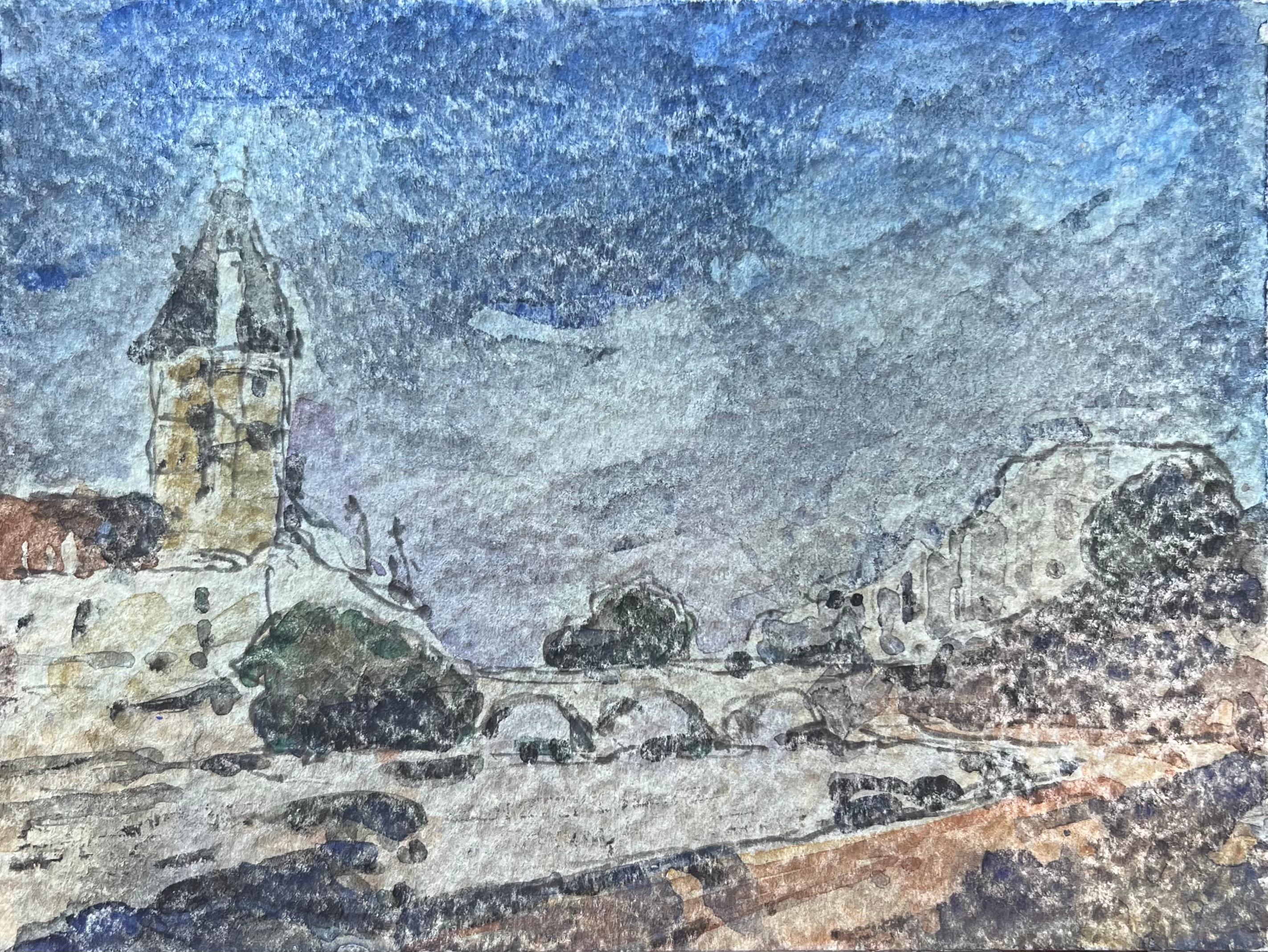 Acquerello impressionista francese di La Conciergerie e il Pont au Change - Art di Maurice Mazeilie