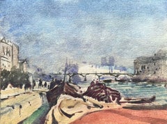 French Impressionist Watercolor of the Seine River with Boats and Notre-Dame