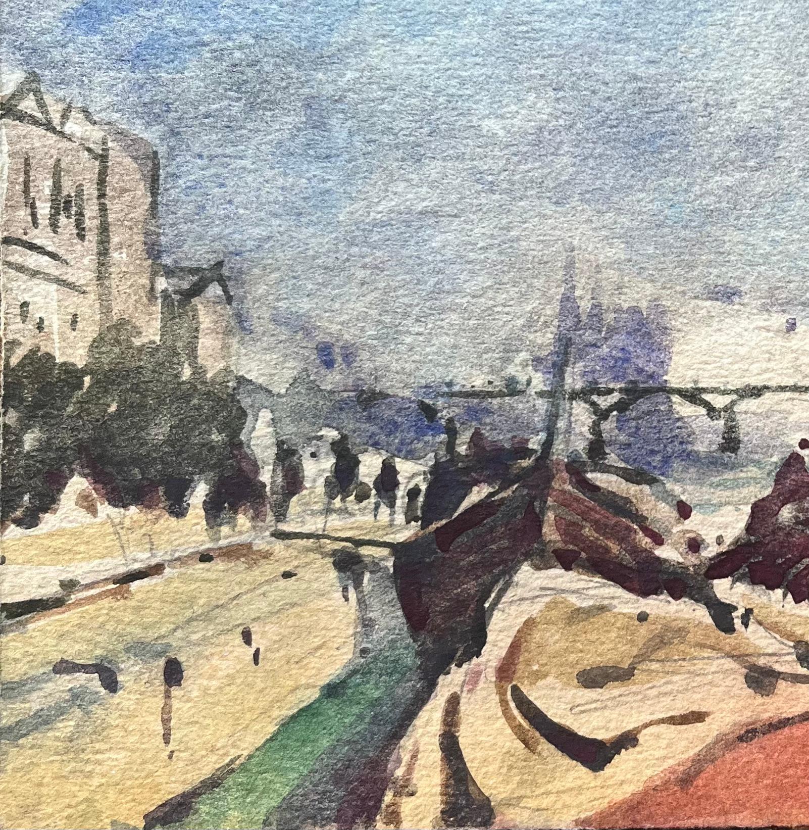 Acquerello impressionista francese della Senna con barche e Notre-Dame - Art Impressionismo di Maurice Mazeilie