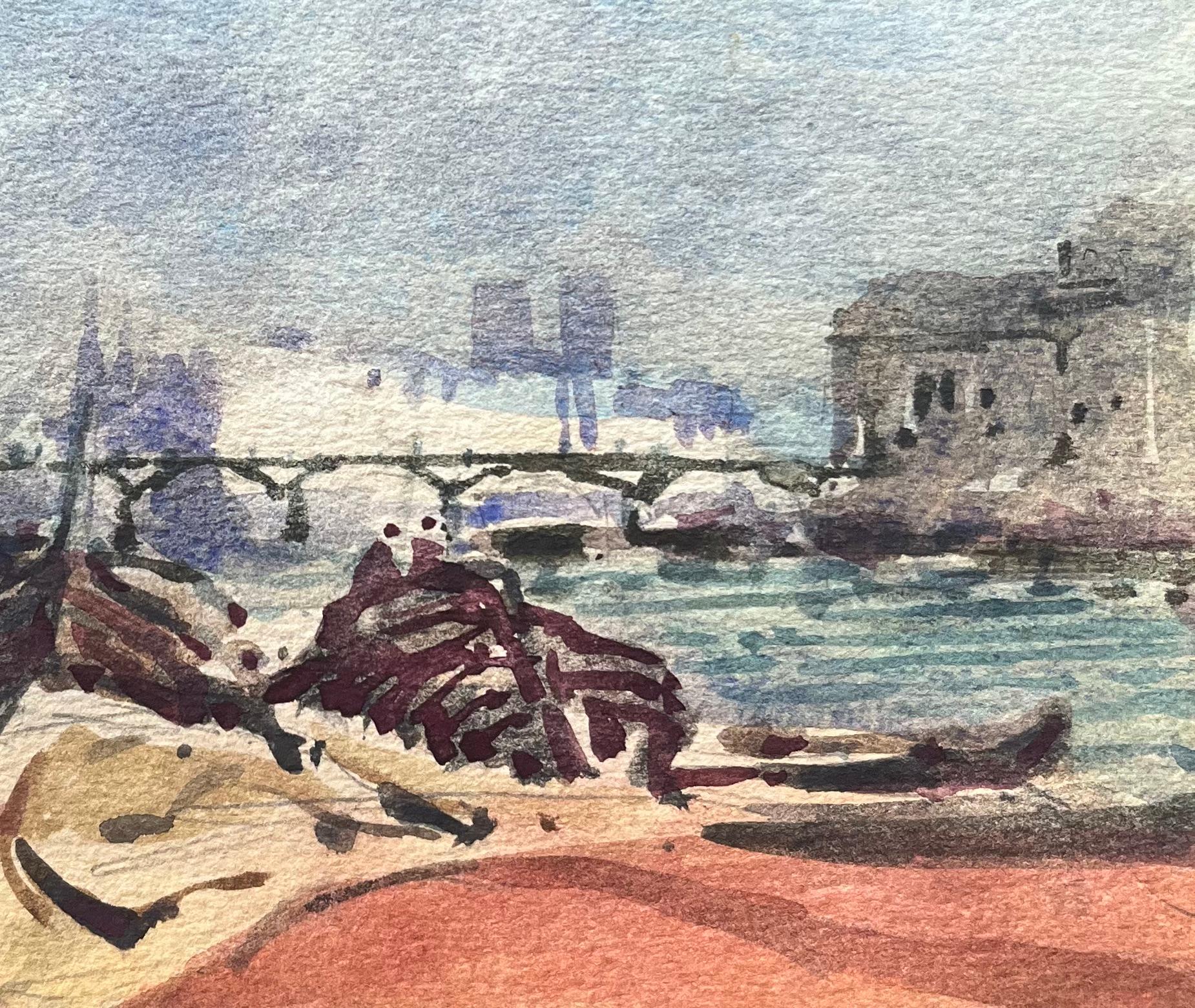 Acquerello impressionista francese della Senna con barche e Notre-Dame - Landscape Art Grigio di Maurice Mazeilie