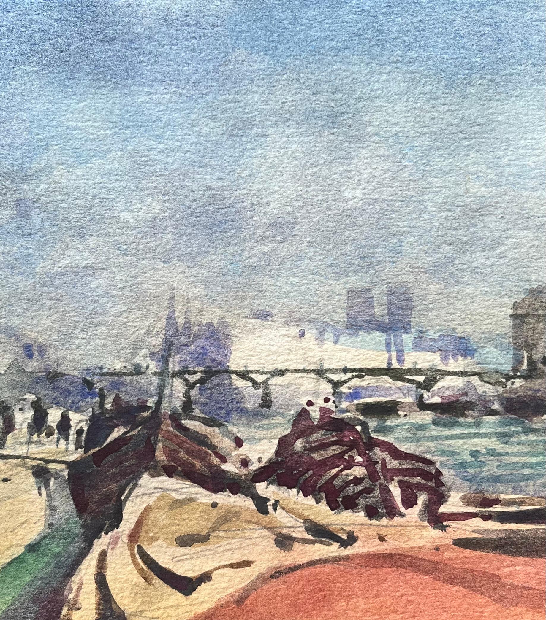 Titolo: Acquerello impressionista francese della Senna con barche e Notre-Dame
Di Maurice Mazeilie (francese 1924-2021)
Medium: Acquerello su carta, senza cornice
Dimensioni: 5,5 x 7,5 pollici (altezza x larghezza)
Timbrato: Verso
Condit: Buono, con