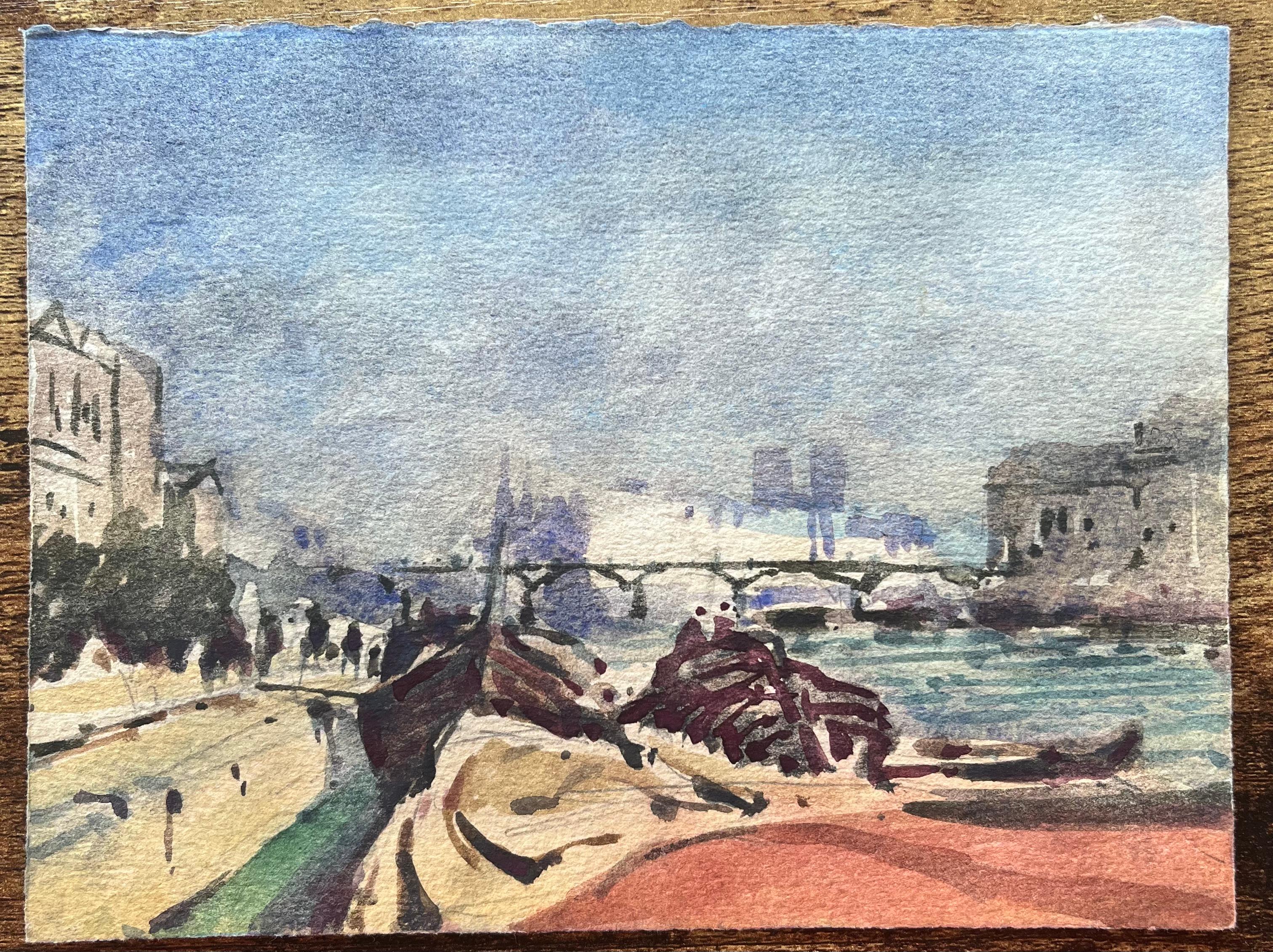 Acquerello impressionista francese della Senna con barche e Notre-Dame - Art di Maurice Mazeilie