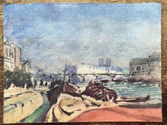 French Impressionist Watercolor of the Seine River with Boats and Notre-Dame