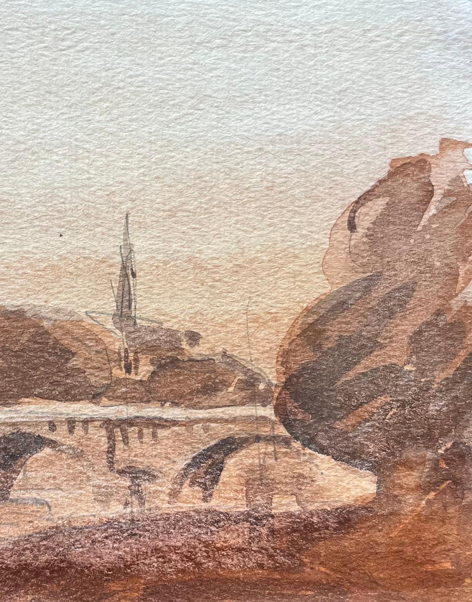 Acquerello impressionista francese dell'Île de la Cité e del Pont Neuf - Landscape Art Beige di Maurice Mazeilie