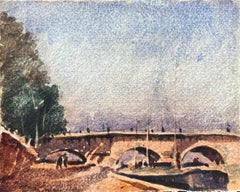 French Impressionist Watercolor of Pont Neuf the Seine River and Eiffel Tower