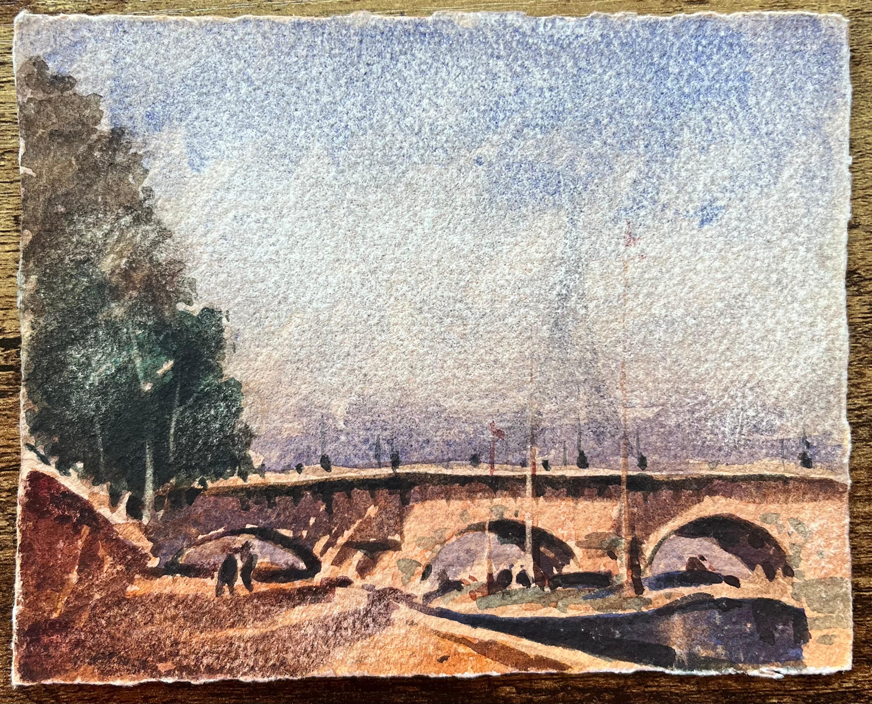 French Impressionist Watercolor of Pont Neuf the Seine River and Eiffel Tower - Art by Maurice Mazeilie