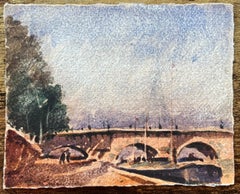French Impressionist Watercolor of Pont Neuf the Seine River and Eiffel Tower