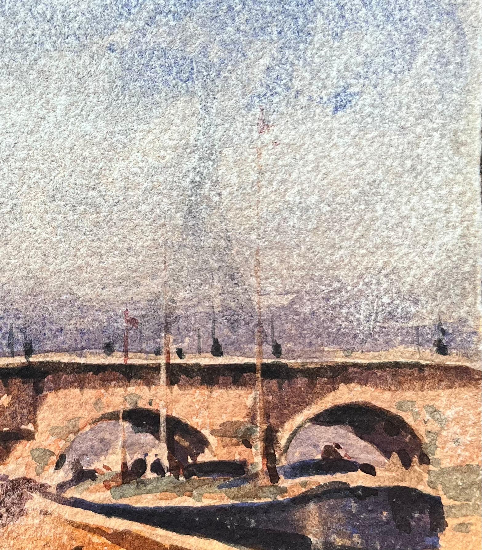 French Impressionist Watercolor of Pont Neuf the Seine River and Eiffel Tower - Gray Landscape Art by Maurice Mazeilie