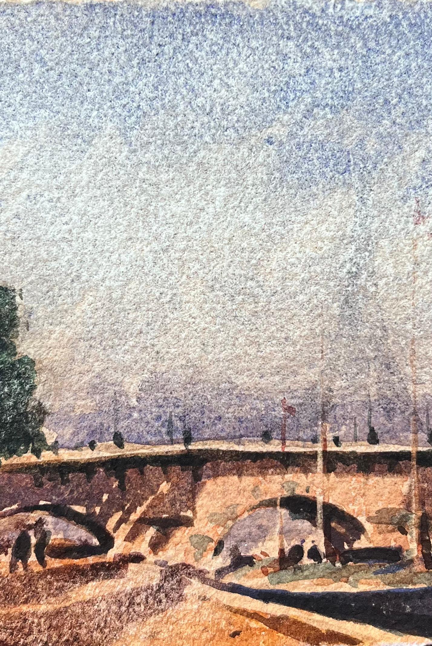 French Impressionist Watercolor of Pont Neuf the Seine River and Eiffel Tower For Sale 1