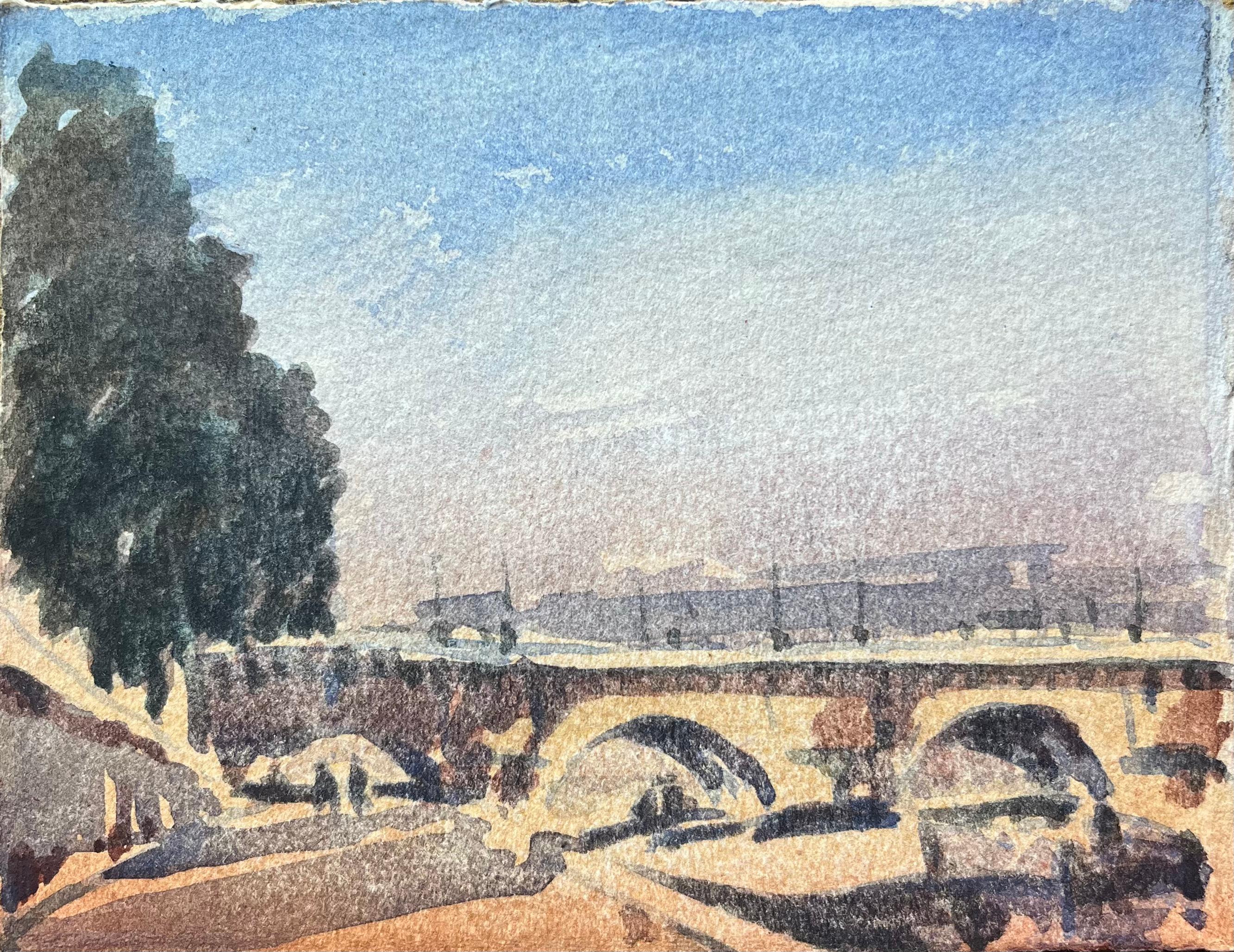 Französischer Impressionist Aquarell der Pont Neuf mit sonnenbeschienenem Flussufer