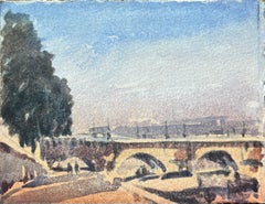 French Impressionist Watercolor of Pont Neuf with Sunlit Riverbank