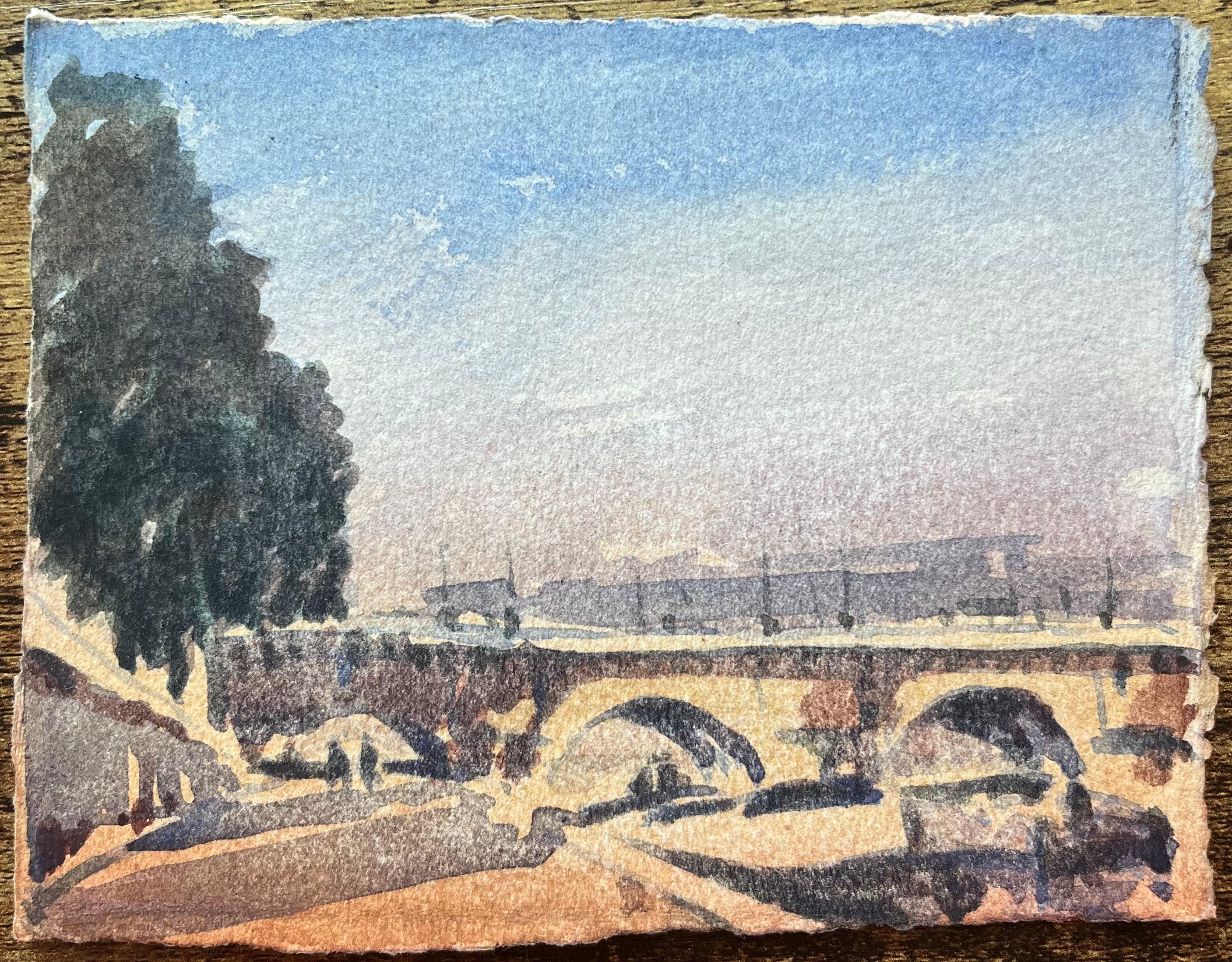 Aquarelle impressionniste française de Pont Neuf avec rive de rivière éclairée - Art de Maurice Mazeilie