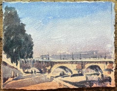 French Impressionist Watercolor of Pont Neuf with Sunlit Riverbank