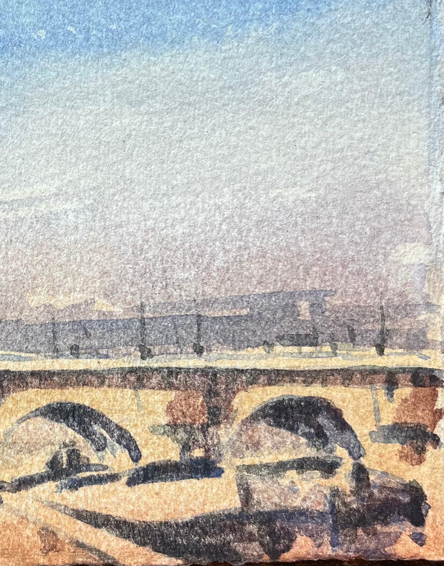 Aquarelle impressionniste française de Pont Neuf avec rive de rivière éclairée - Impressionnisme Art par Maurice Mazeilie