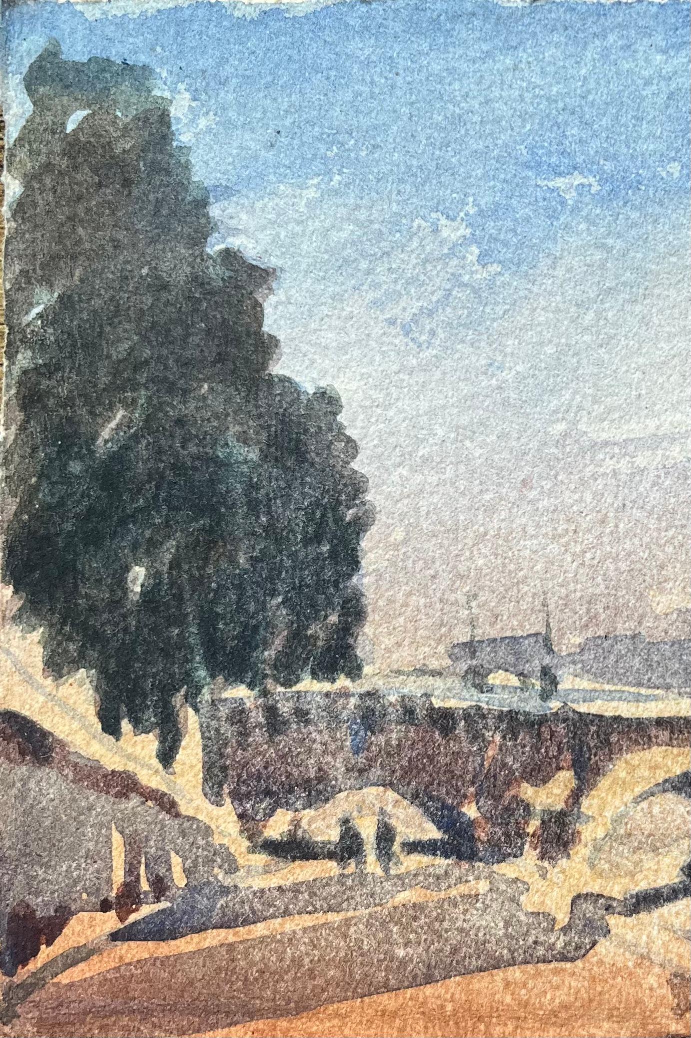 Aquarelle impressionniste française de Pont Neuf avec rive de rivière éclairée - Gris Landscape Art par Maurice Mazeilie