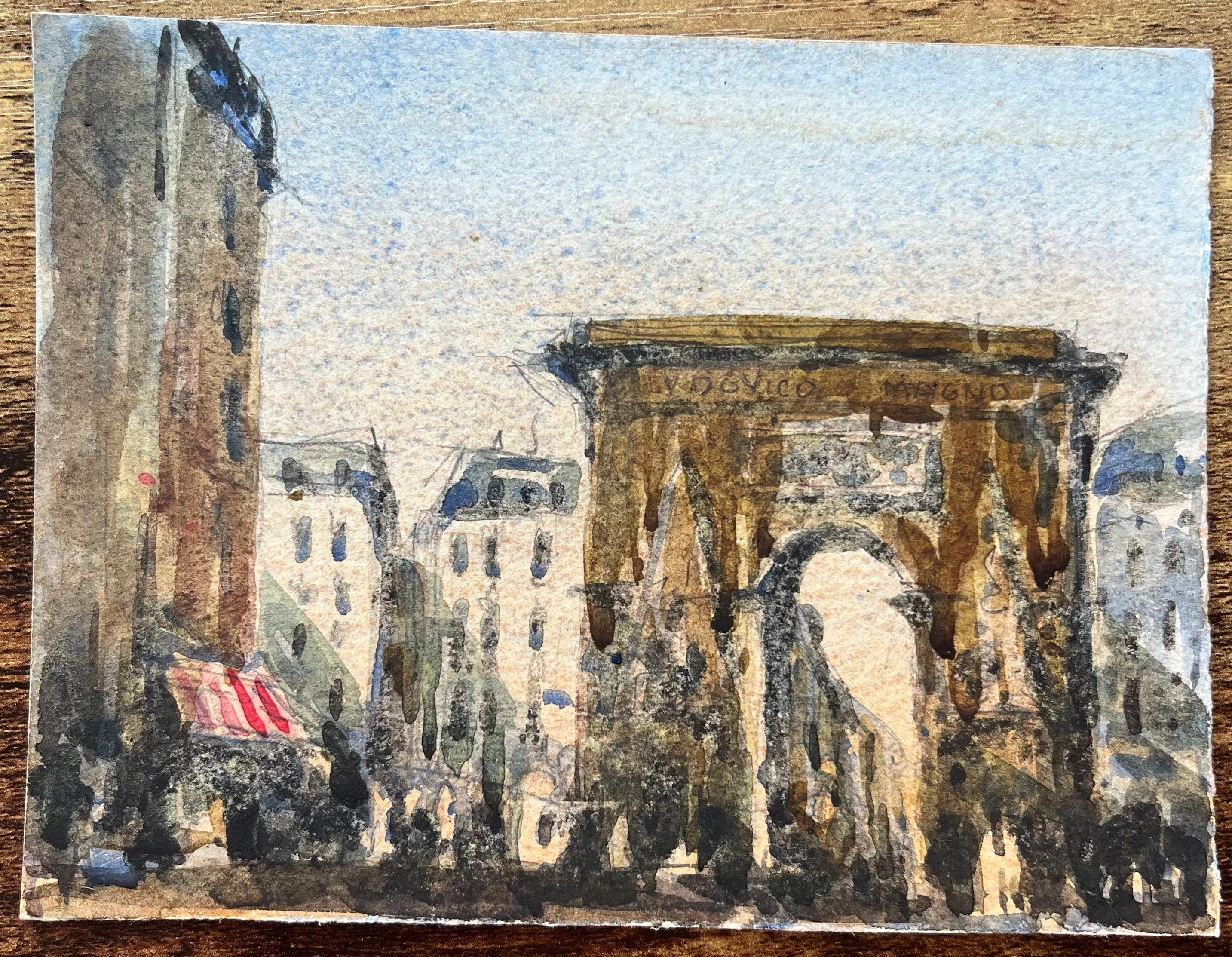 Aquarelle impressionniste française de la Porte Saint-Denis à Paris - Art de Maurice Mazeilie