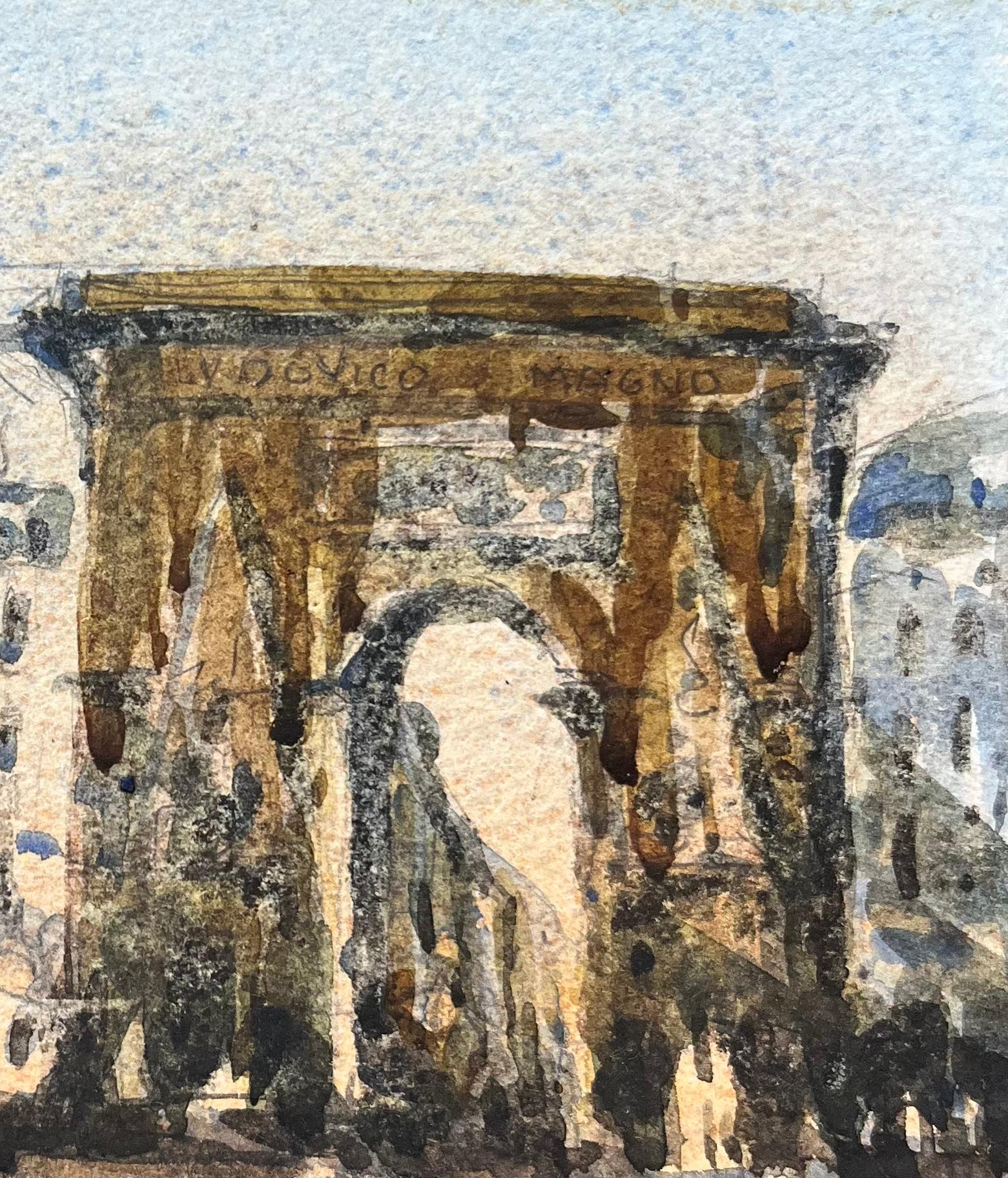 Aquarelle impressionniste française de la Porte Saint-Denis à Paris - Gris Landscape Art par Maurice Mazeilie