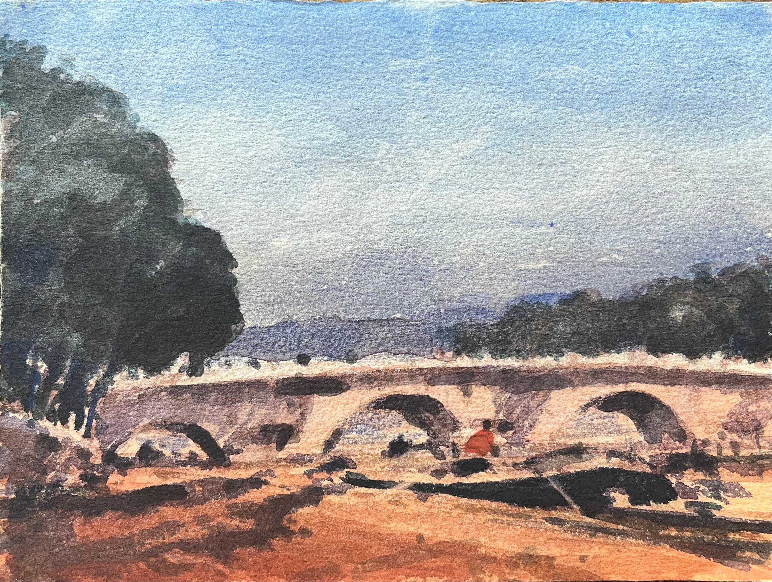 Maurice Mazeilie Landscape Art - French Impressionist Watercolor of Pont Neuf with Riverside Walk in Paris