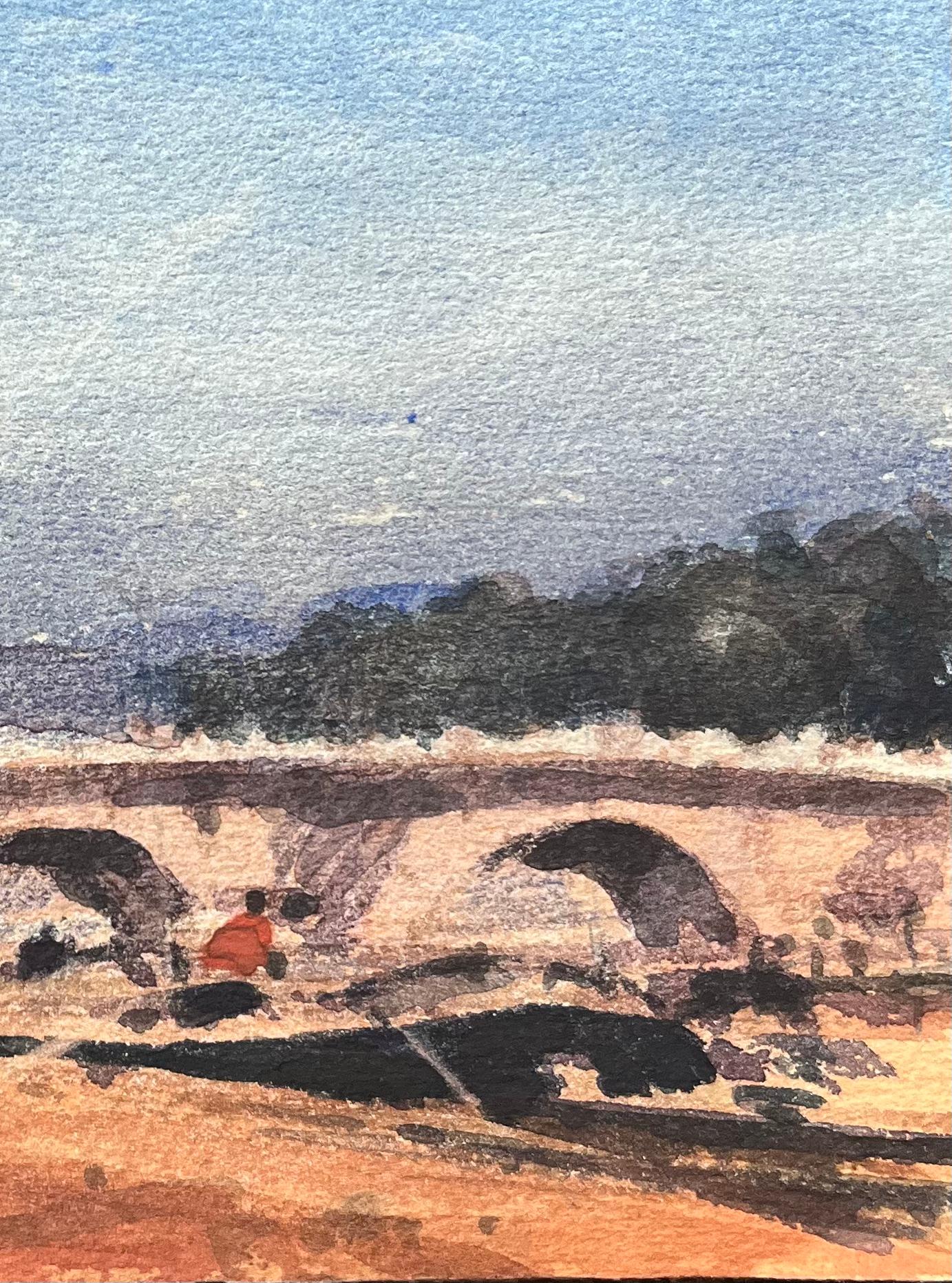 French Impressionist Watercolor of Pont Neuf with Riverside Walk in Paris - Gray Landscape Art by Maurice Mazeilie