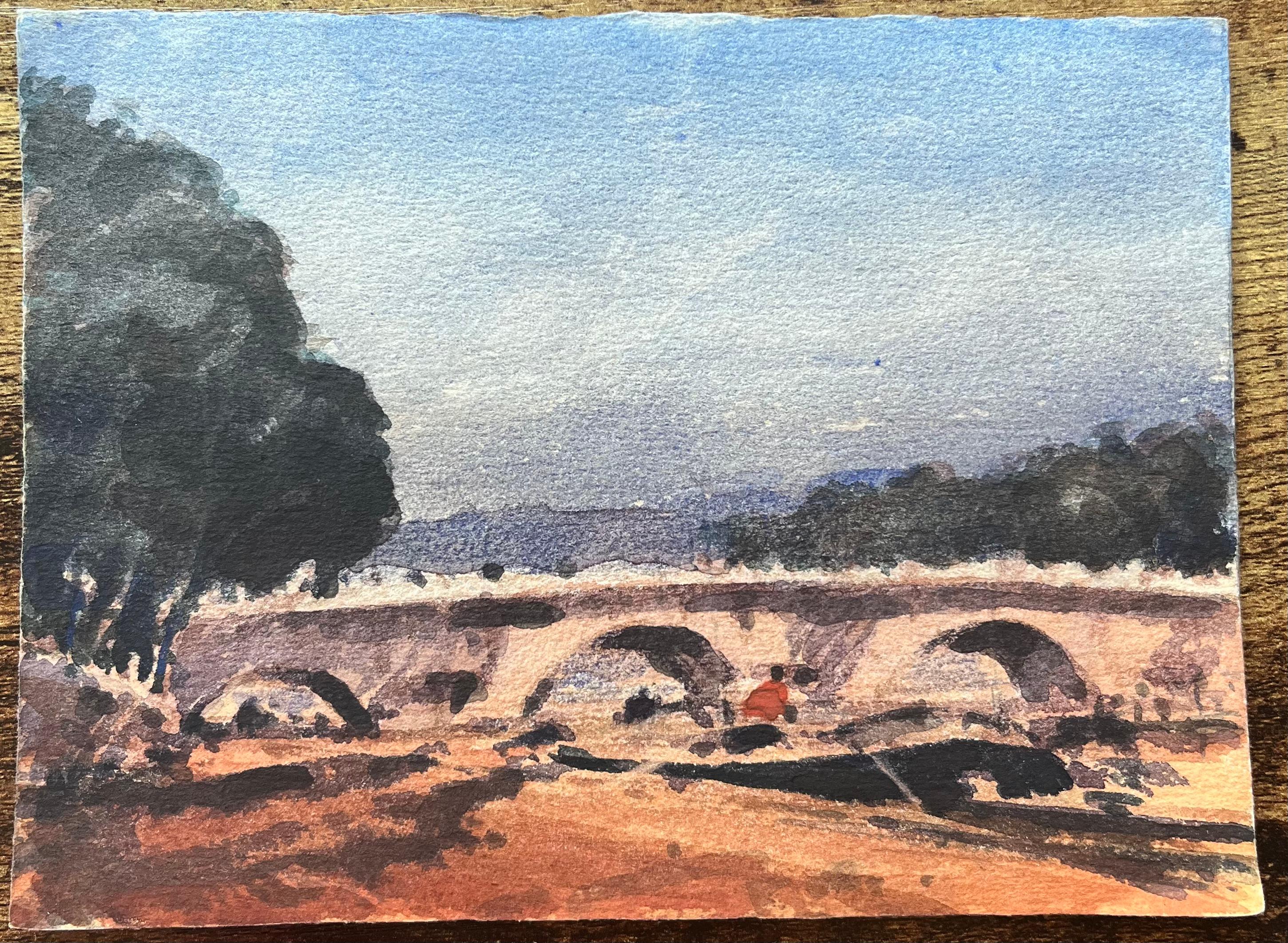French Impressionist Watercolor of Pont Neuf with Riverside Walk in Paris - Art by Maurice Mazeilie