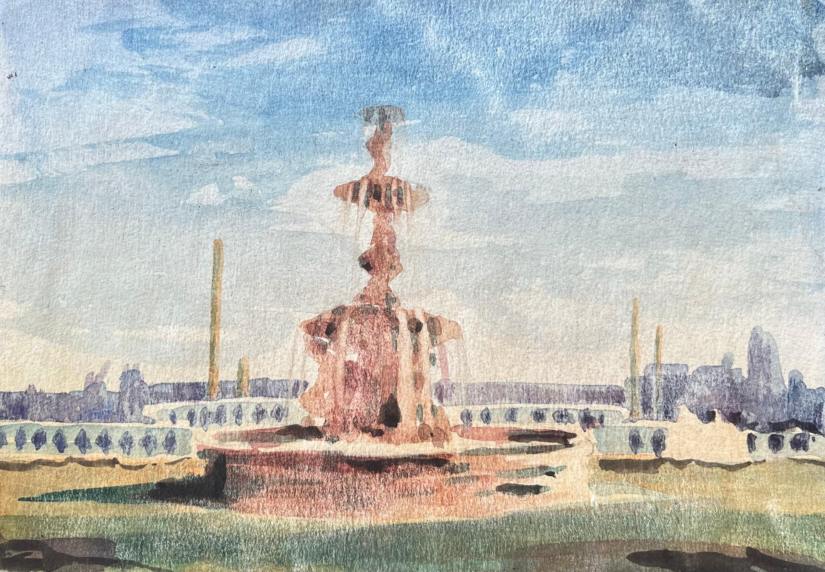 French Impressionist Watercolor of the Fontaine des Mers at Place de la Concorde