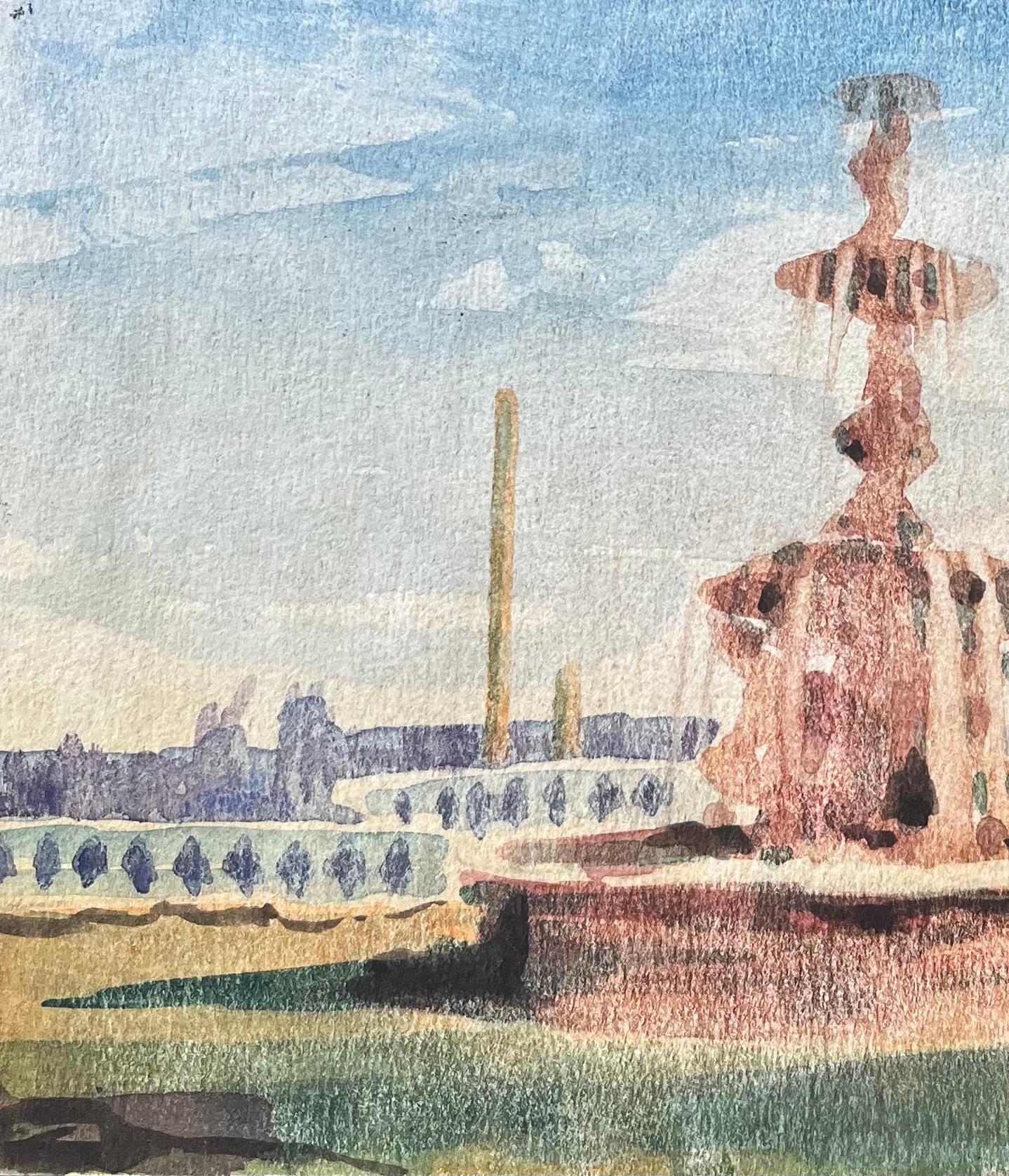 Titolo: Acquerello impressionista francese della Fontaine des Mers in Place de la Concorde
Di Maurice Mazeilie (francese 1924-2021)
Medium: Acquerello su carta, senza cornice
Dimensioni: 5,75 x 8,25 pollici (altezza x larghezza)
Timbrato: