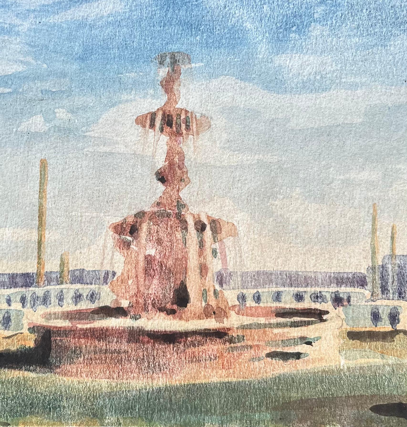 Acquerello impressionista francese della Fontaine des Mers a Place de la Concorde - Landscape Art Grigio di Maurice Mazeilie