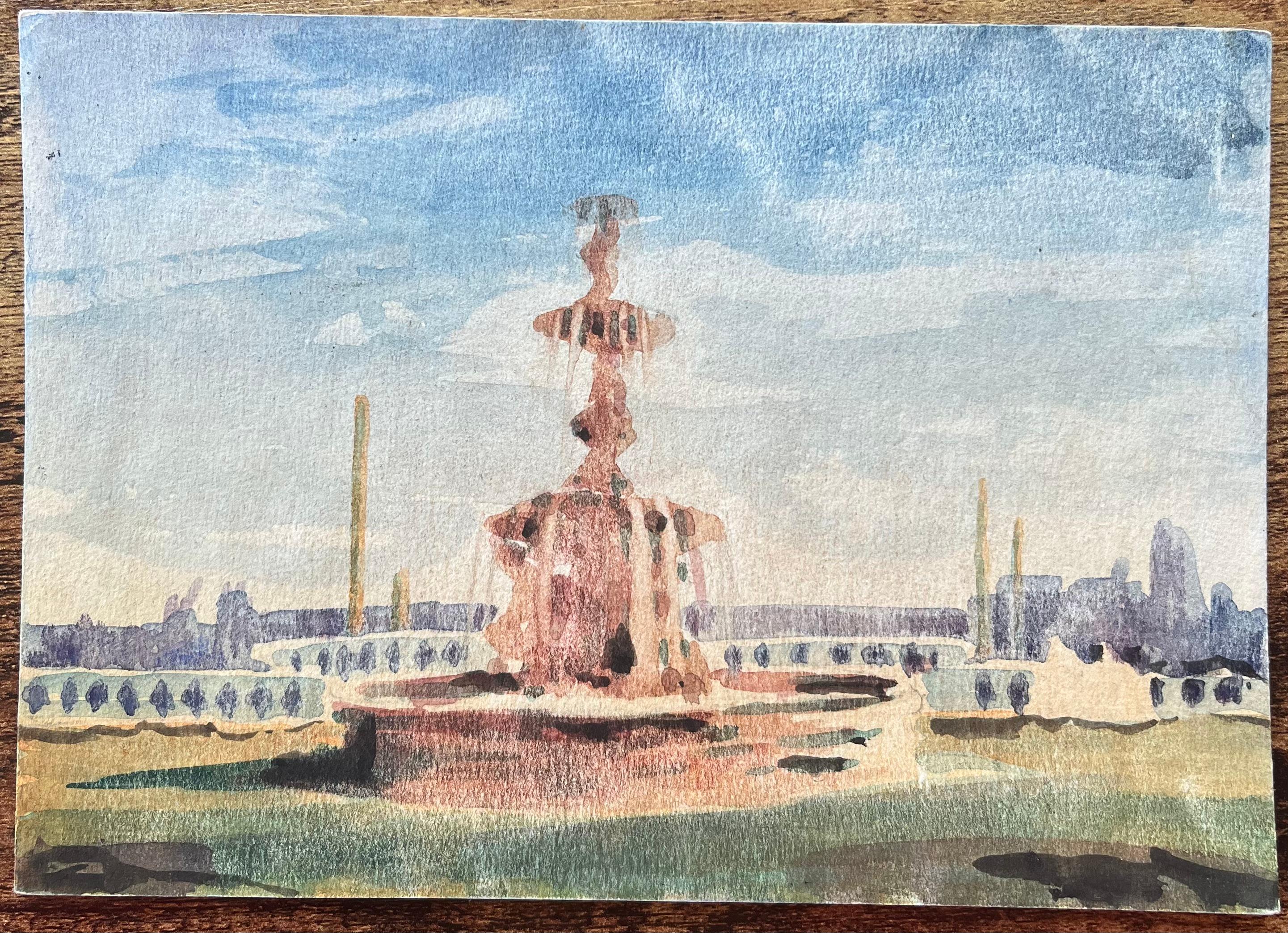 Acquerello impressionista francese della Fontaine des Mers a Place de la Concorde - Art di Maurice Mazeilie