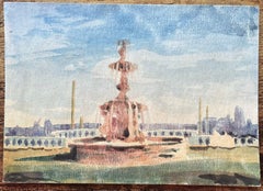 French Impressionist Watercolor of the Fontaine des Mers at Place de la Concorde