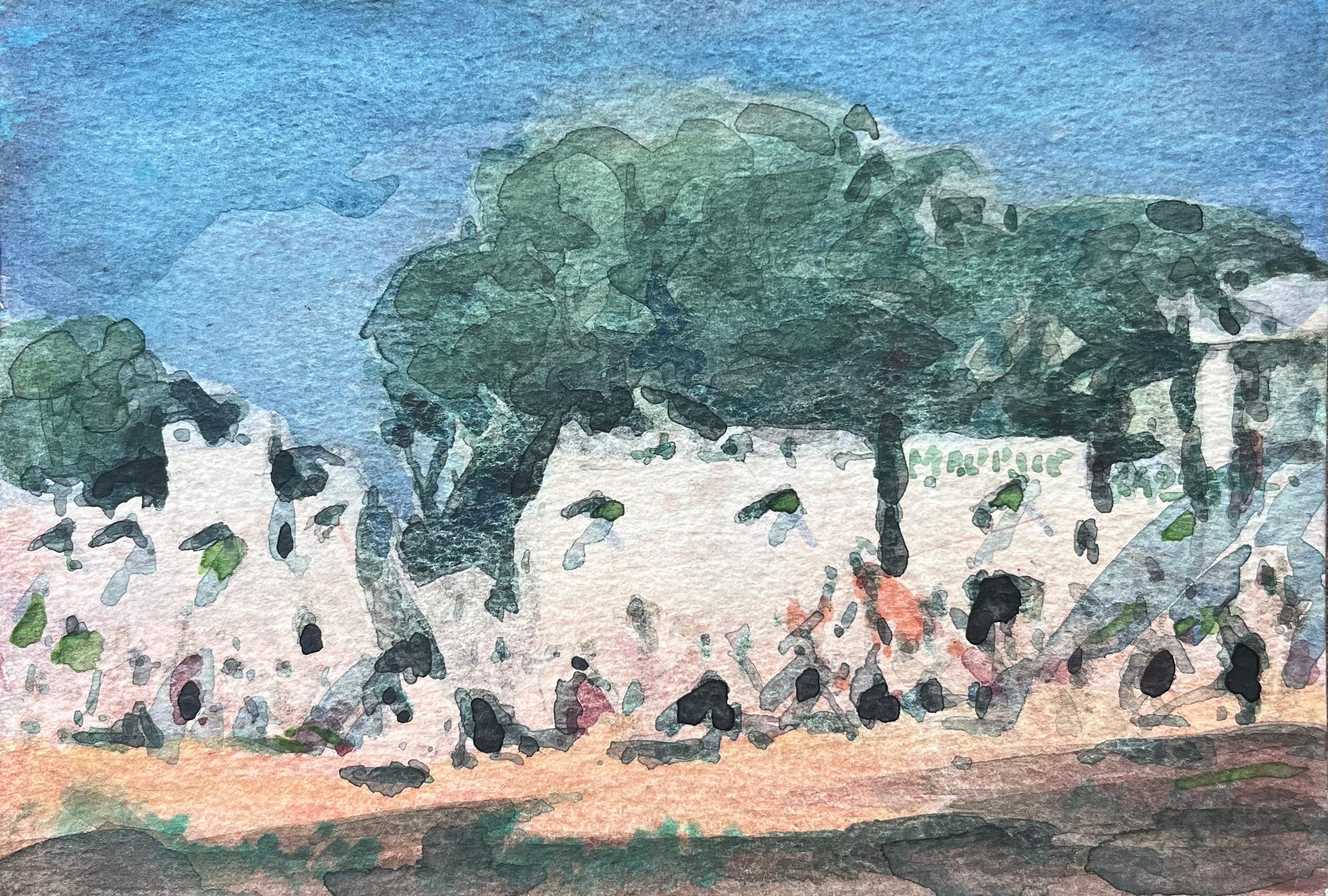 Landscape Art di Maurice Mazeilie - Acquerello impressionista francese della Place du Tertre a Montmartre