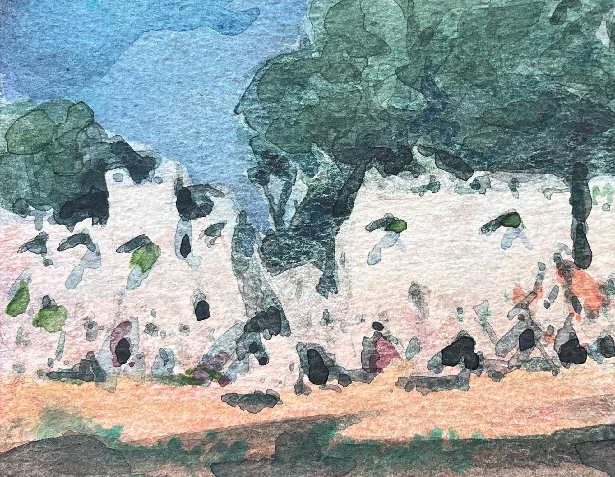 Acquerello impressionista francese della Place du Tertre a Montmartre - Landscape Art Blu di Maurice Mazeilie